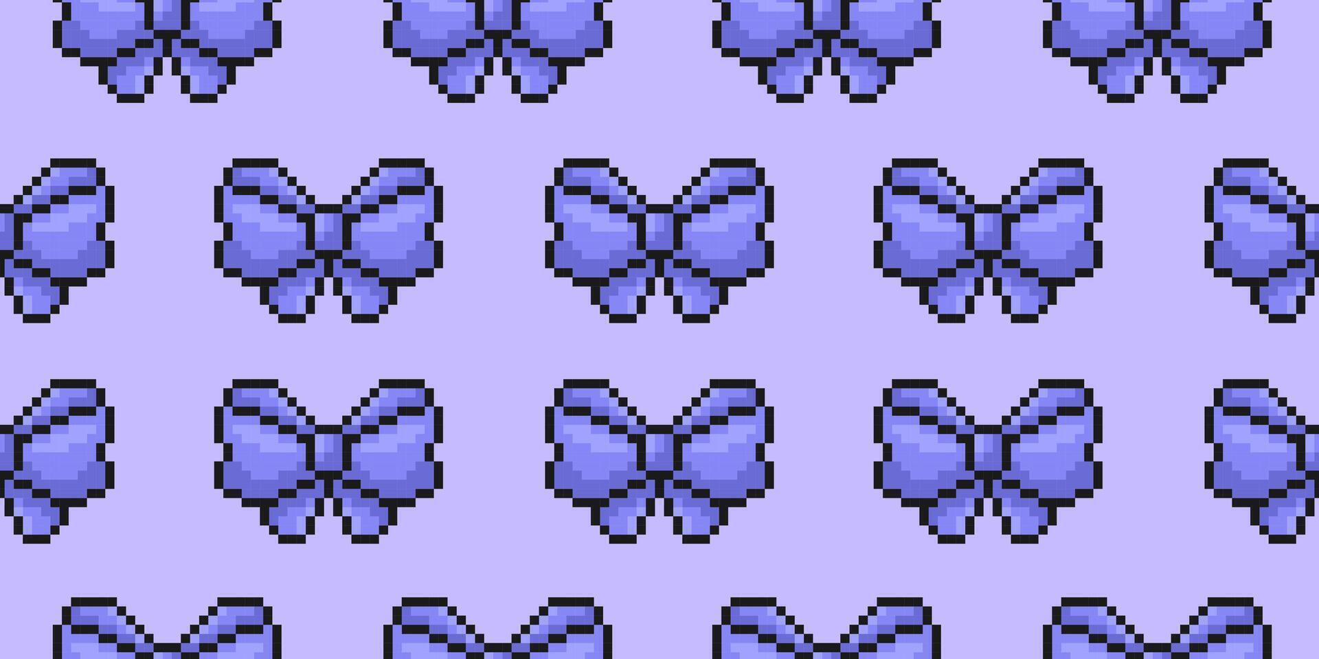 seamless pattern with blue, purple bows in pixel art style, bowknots, ribbons, pattern for wrapping, textile, printing, notebooks and more vector