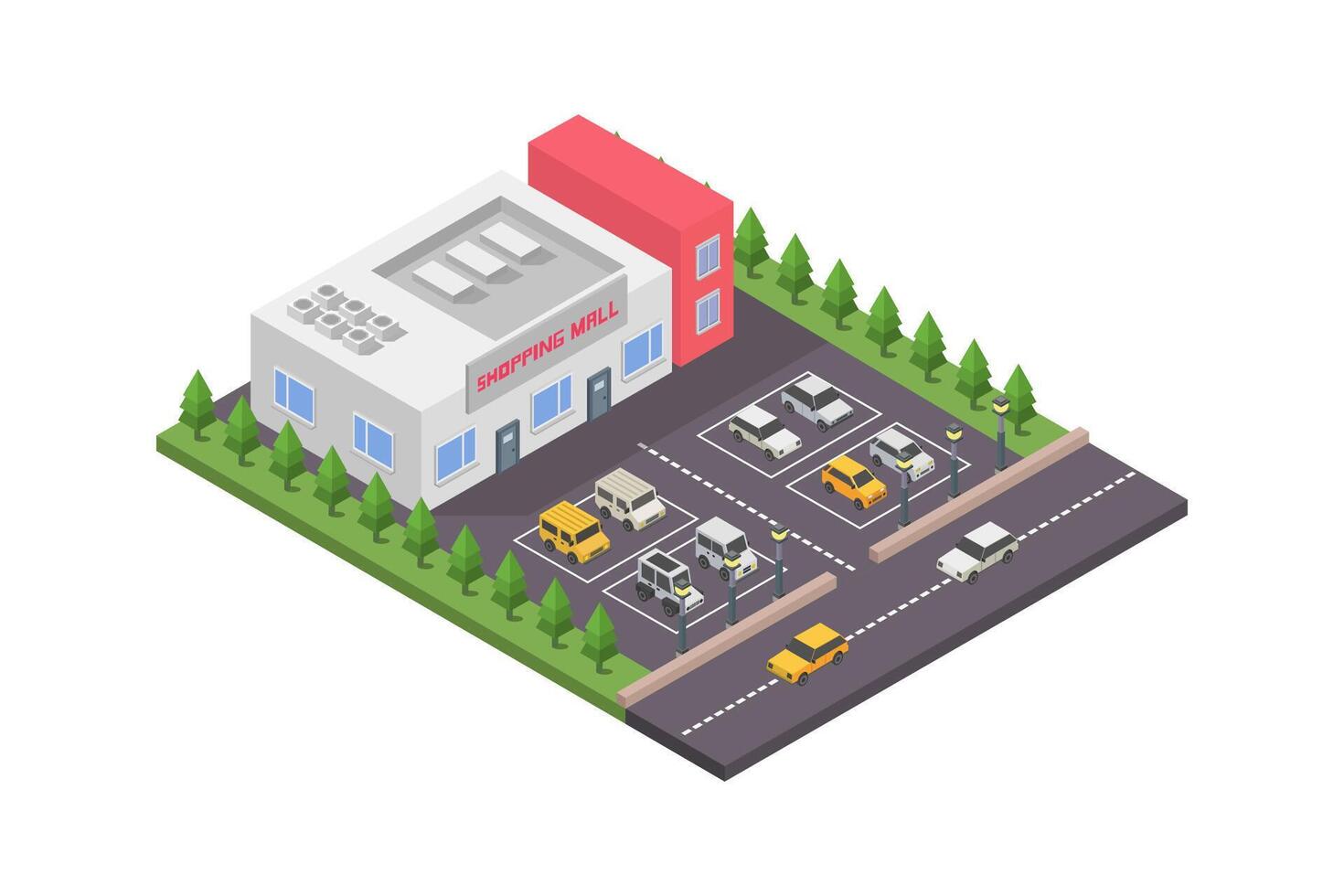 Isometric shopping mall building on white background vector