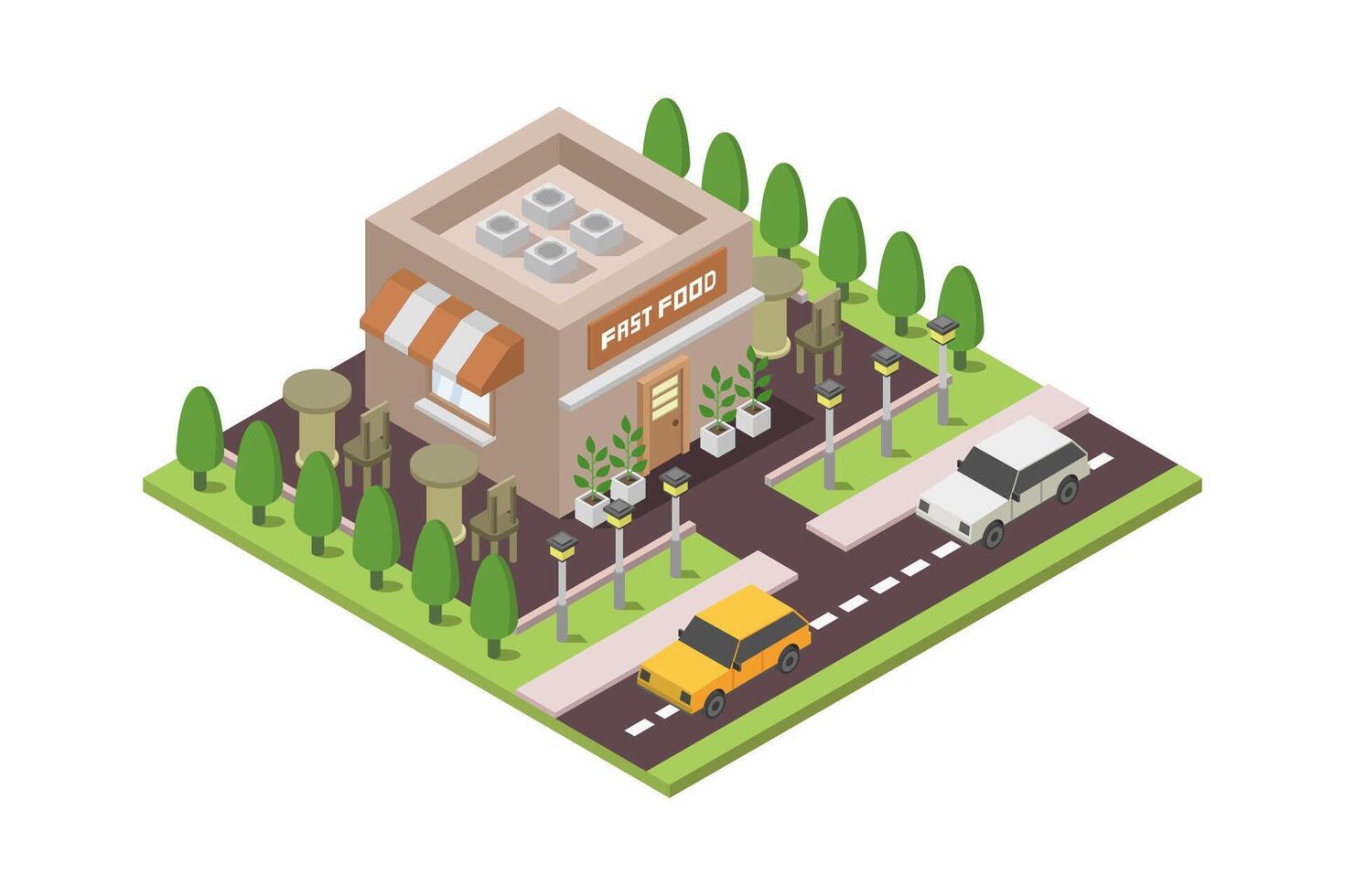 Isometric fast food building on white background vector