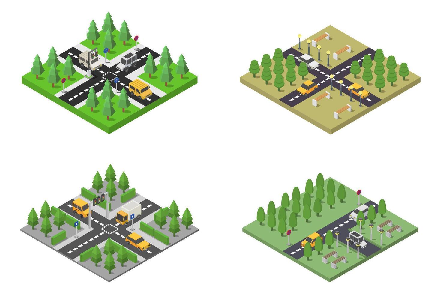 Isometric road intersections on white background vector
