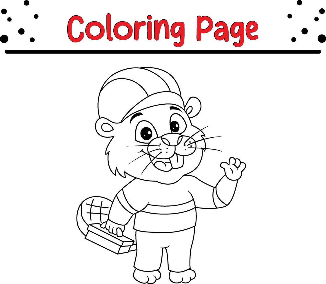 cute beaver handyman wearing hard hat coloring book page for adults and kids vector