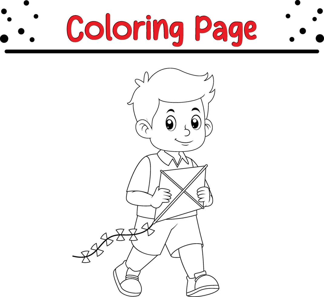 happy boy playing kite coloring book page for children vector