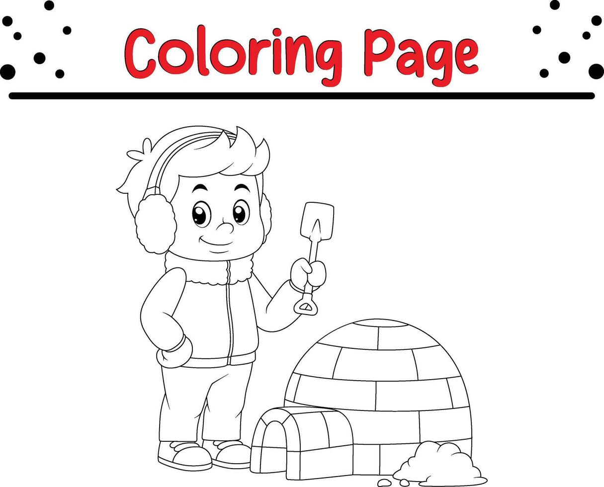 young man building igloo making house ice blocks coloring book page for children vector