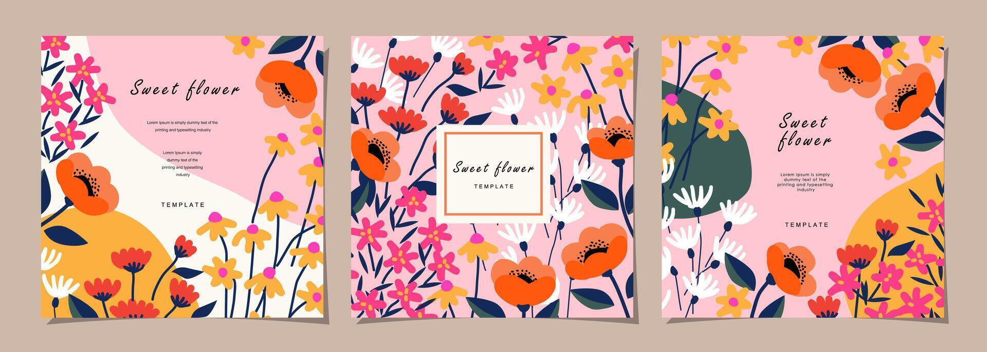 Floral template set for poster, card, cover, label, banner, background in modern minimalist style and simple summer design templates with flowers and plants. vector
