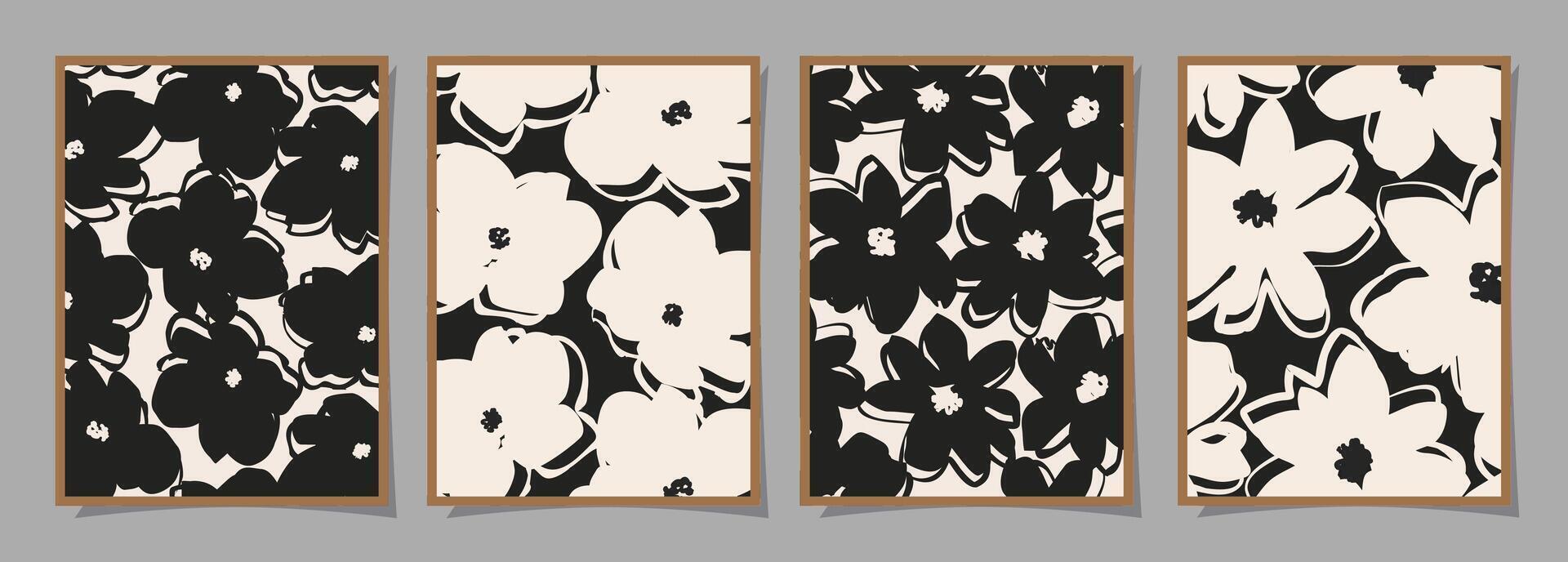 Set of Abstract groovy floral posters. Trendy botanical wall art with flower design print in black and white colors. Modern naive for interior decor, cover, card, background and minimal print. vector