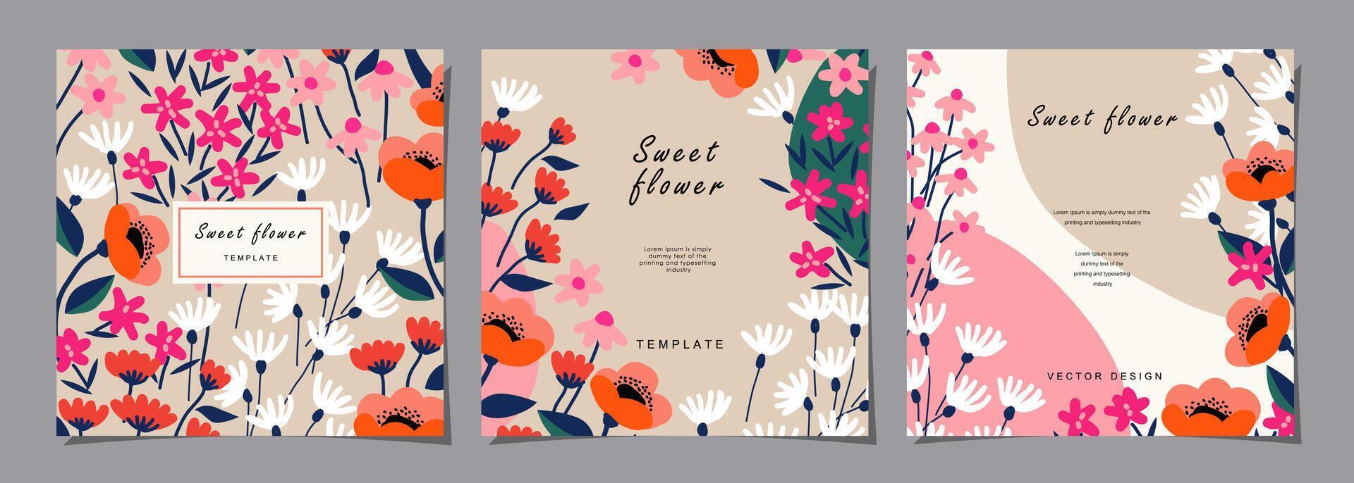 Floral template set for poster, card, cover, label, banner, background in modern minimalist style and simple summer design templates with flowers and plants. vector