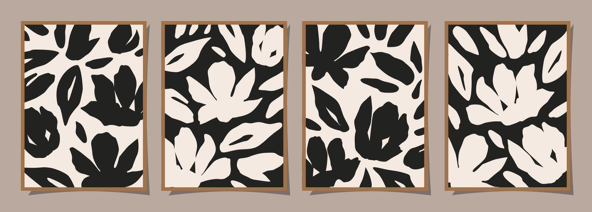 Set of Abstract groovy floral posters. Trendy botanical wall art with flower design print in black and white colors. Modern naive for interior decor, cover, card, background and minimal print. vector