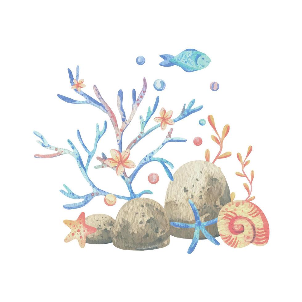 Sea corals, algae, shells, starfish, fish, bubbles. Watercolor illustration hand drawn in coral, turquoise and blue colors. Composition isolated from the background vector