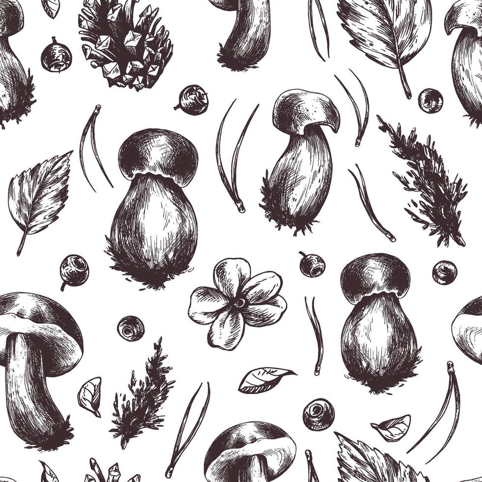 Forest edible boletus mushrooms with blueberries, cones, autumn leaves and twigs. Graphic illustration, hand drawn with brown ink, line art monochrome. Seamless pattern forest, harvest, nature. vector