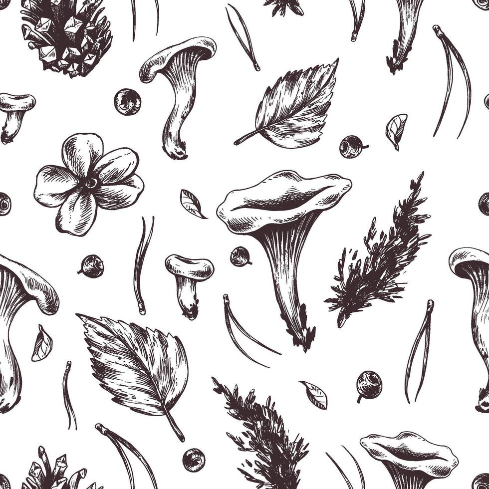 Forest edible chanterelle mushrooms are yellow with blueberries, autumn leaves and pine needles, cone. Graphic illustration, hand drawn with brown ink, line art monochrome. Seamless pattern vector