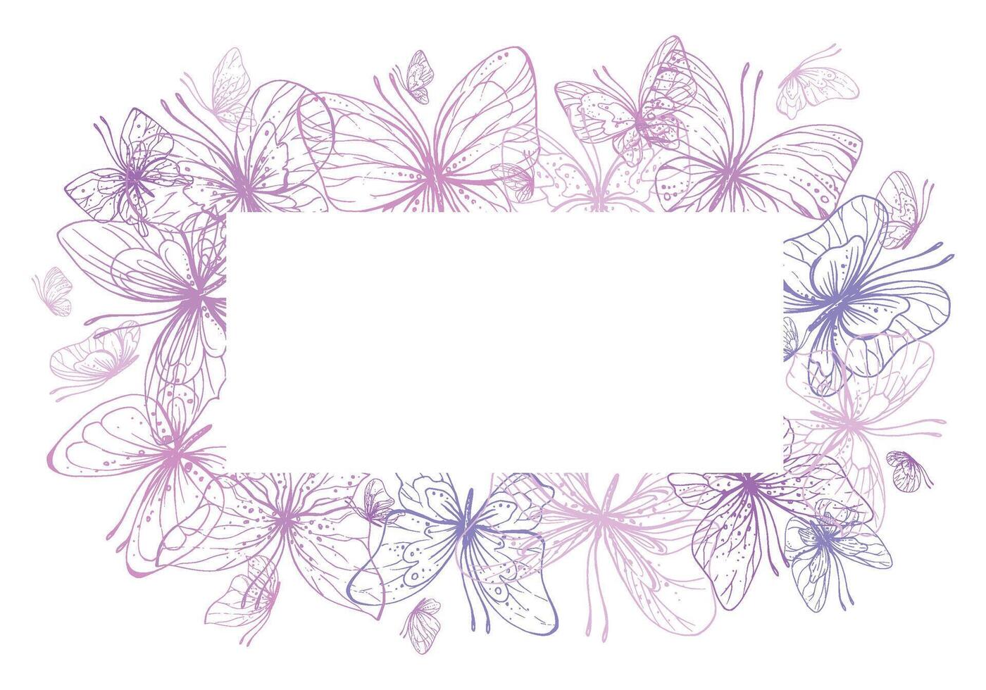 Butterflies are pink, blue, lilac, flying, delicate line art. Graphic illustration hand drawn in pink, lilac ink. Square frame, template EPS . vector