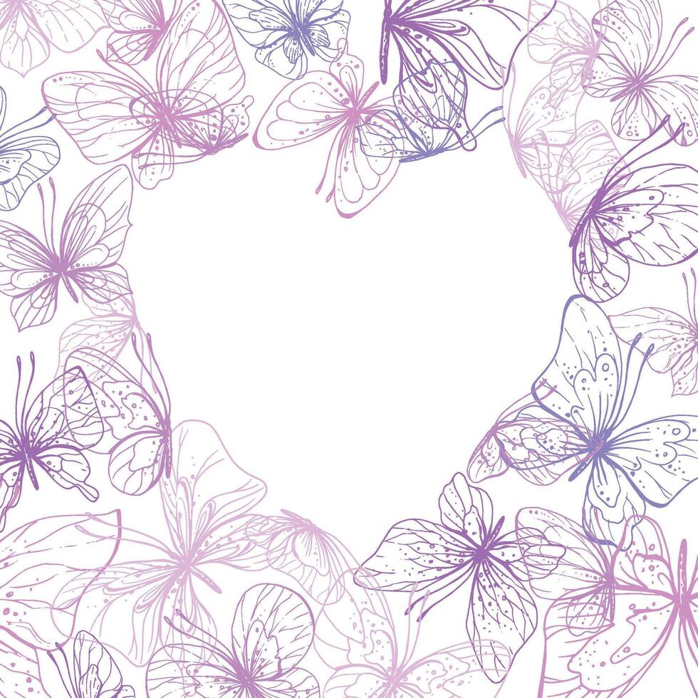 Butterflies are pink, blue, lilac, flying, delicate with wings and splashes of paint. Graphic illustration hand drawn in pink, lilac ink. heart shape frame, template EPS . vector