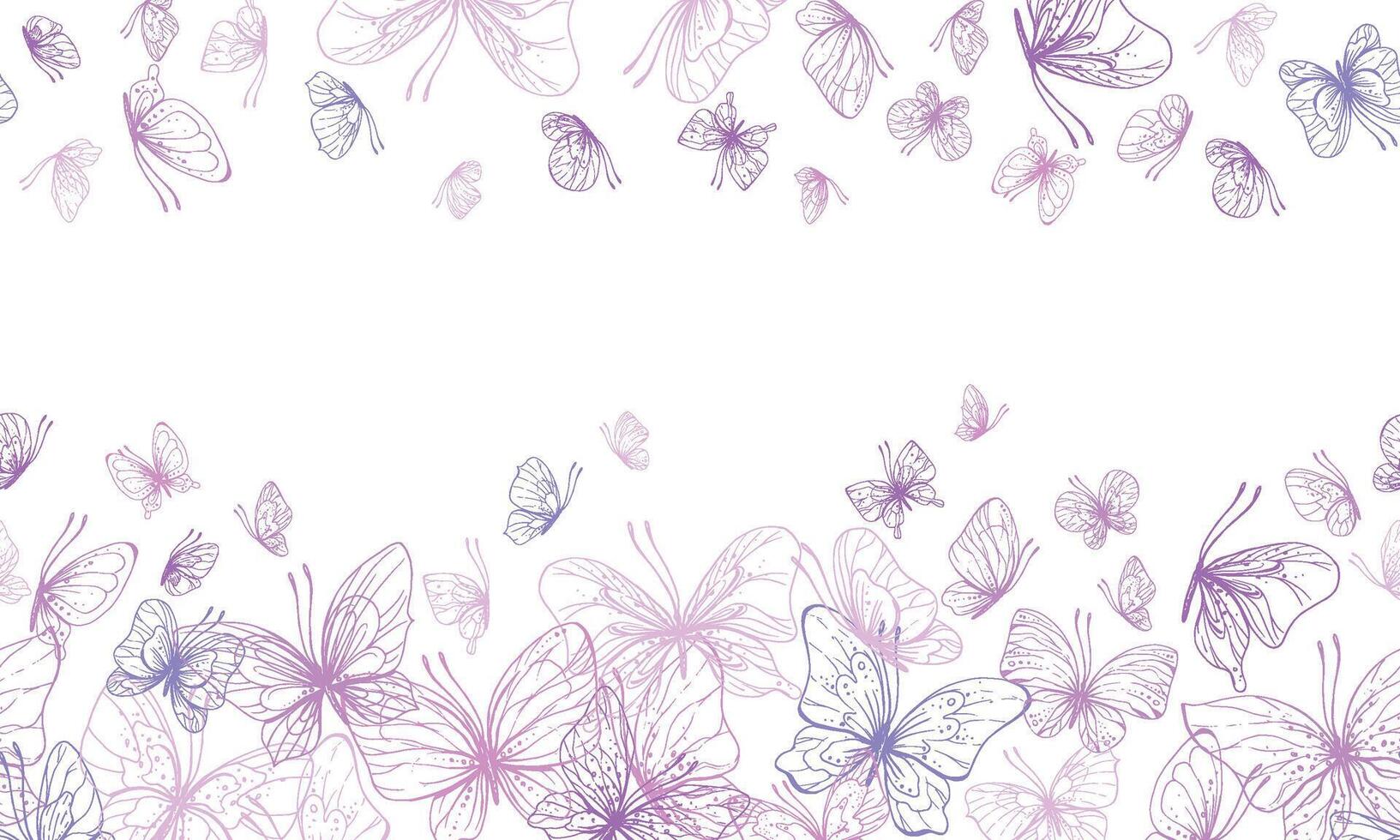 Butterflies are pink, blue, lilac, flying, delicate line art, clip art. Graphic illustration hand drawn in pink, lilac ink. Seamless board pattern EPS vector