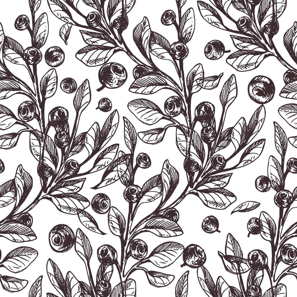 Forest autumn blueberries with leaves. Graphic illustration, hand drawn with brown ink, line art monochrome. Seamless pattern, simple on the theme of forest, harvest, nature. vector