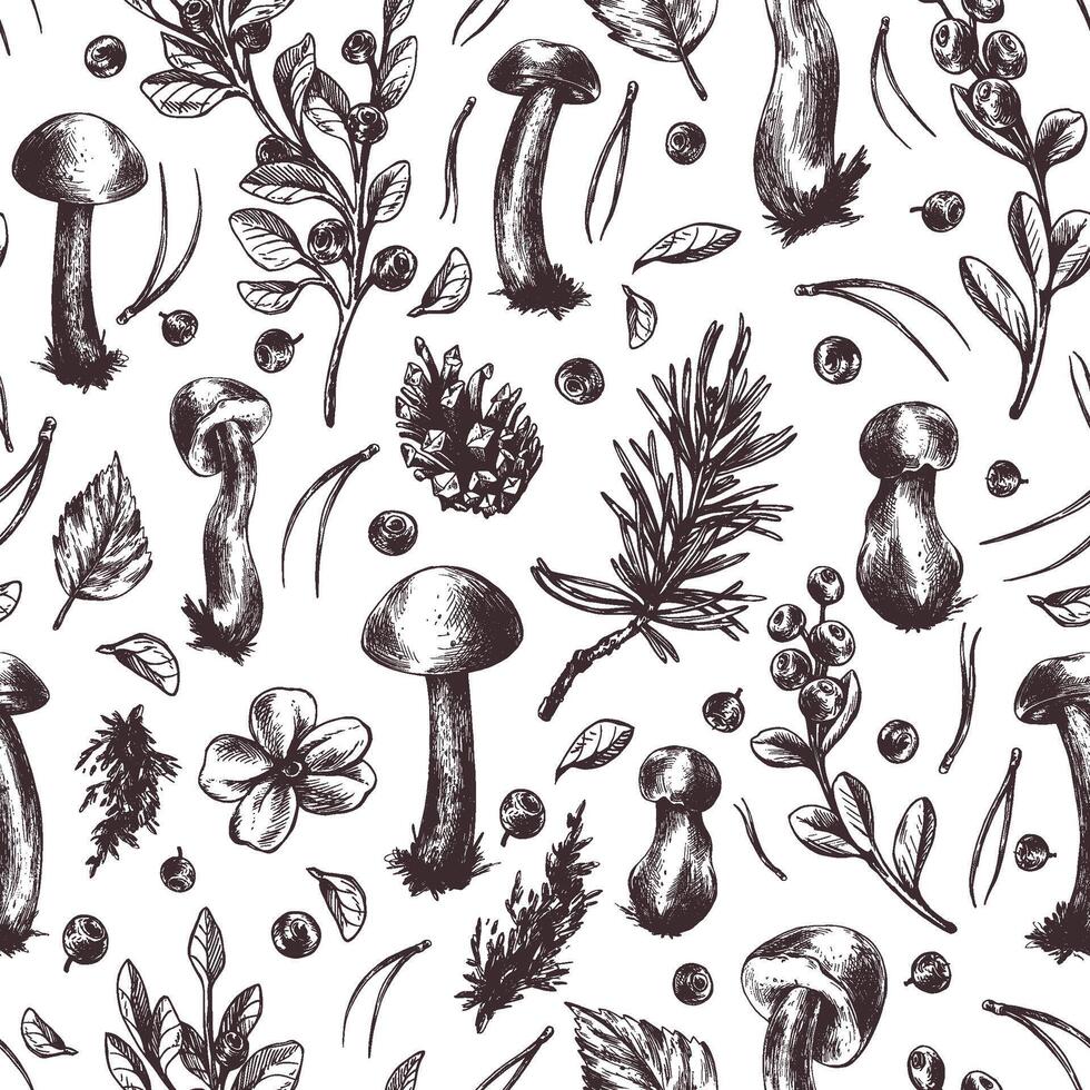 Forest edible boletus mushrooms with blueberries, lingonberries, twigs, cones, grass and autumn leaves. Graphic illustration, hand drawn with brown ink, line art monochrome. Seamless pattern vector