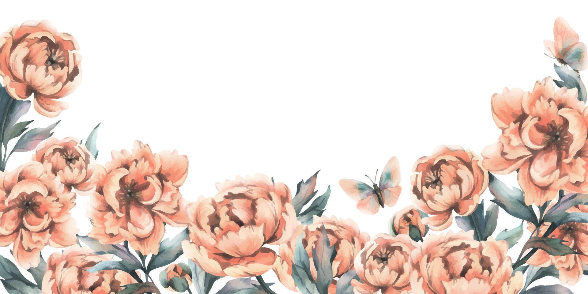 Beautiful peonies in peach fuzz color with leaves, buds and flying butterflies. Hand drawn watercolor illustration. Frame, horizontal template, empty for text, isolated from the background vector