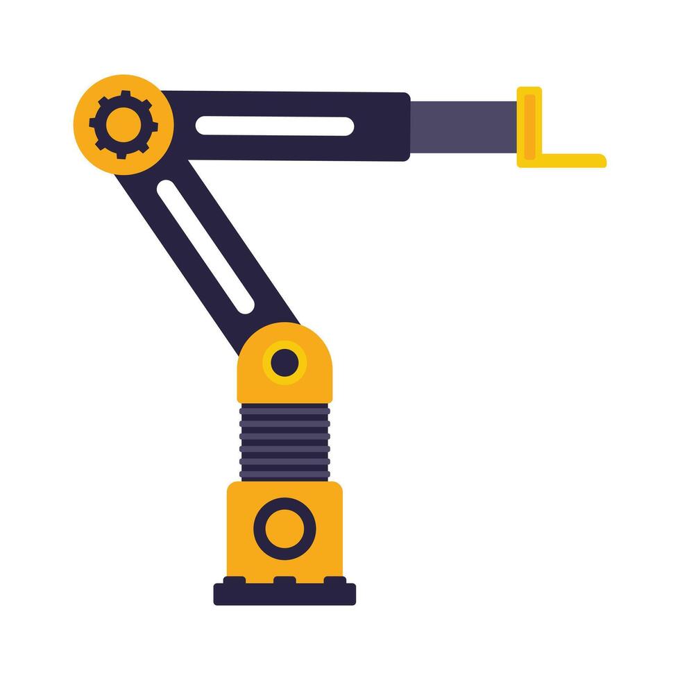 Industrial robotic arm manufacturing automation technology, factory assembly robot machine, orange and grey color. vector