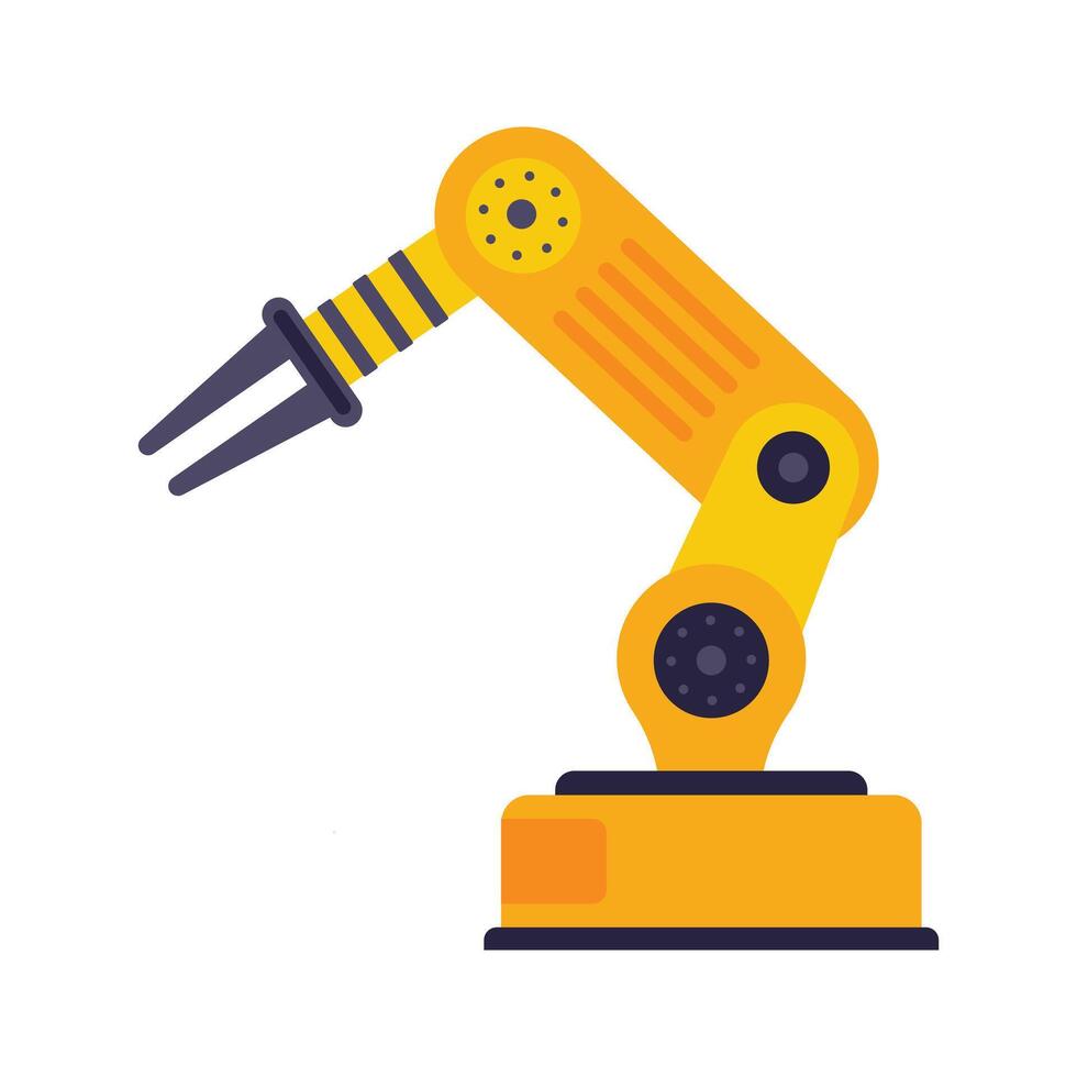 Industrial robotic arm manufacturing automation technology, factory assembly robot machine, orange and grey color. vector