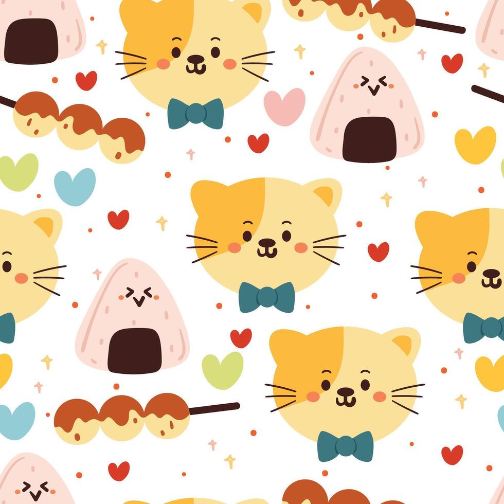 seamless pattern cartoon cat, onigiri and takoyaki character in orange background. cute wallpaper for textile, gift wrap paper vector