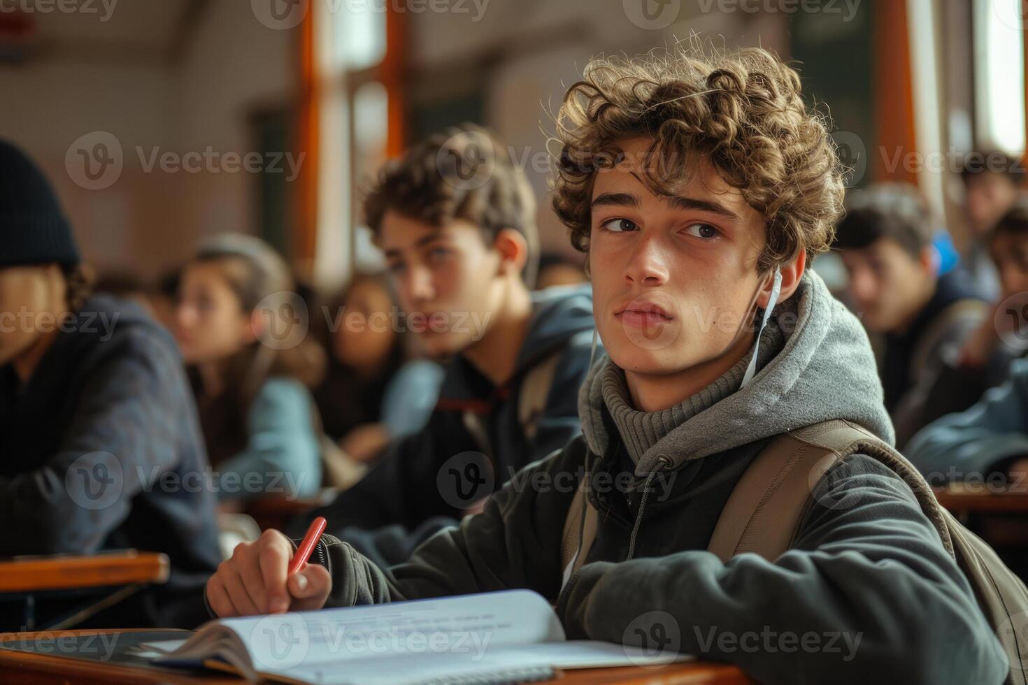 Focused Student Taking a Written Exam in a School Classroom photo