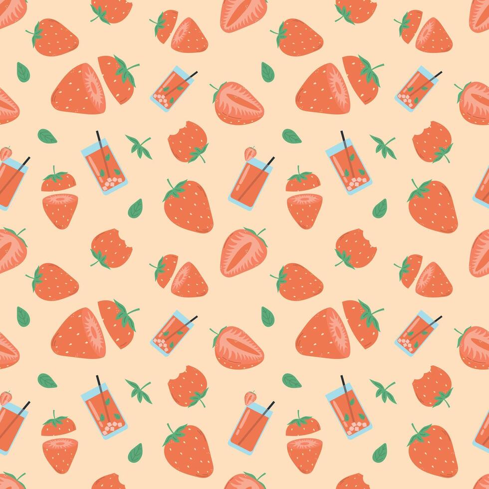 Strawberry Seamless Pattern, Strawberry slice, juice, smoothie vector