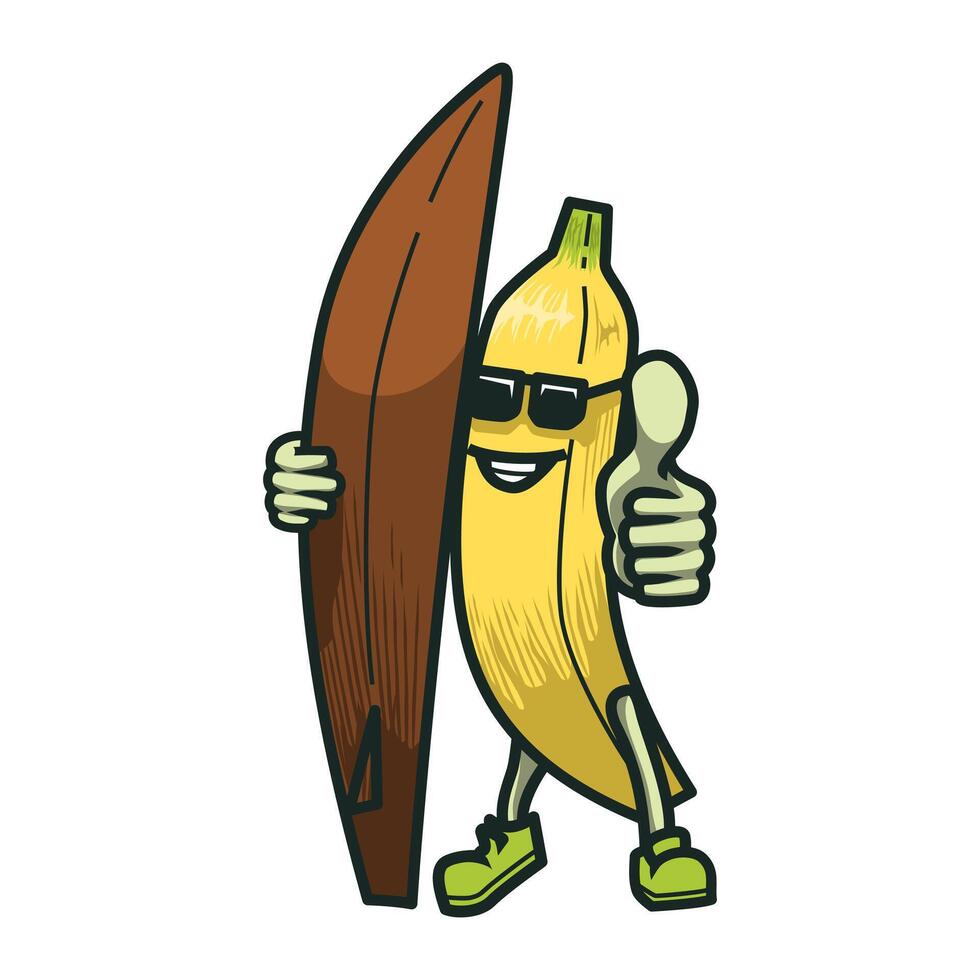Surf banana cartoon character wearing sunglasses in summer. Mascot illustration collection. vector
