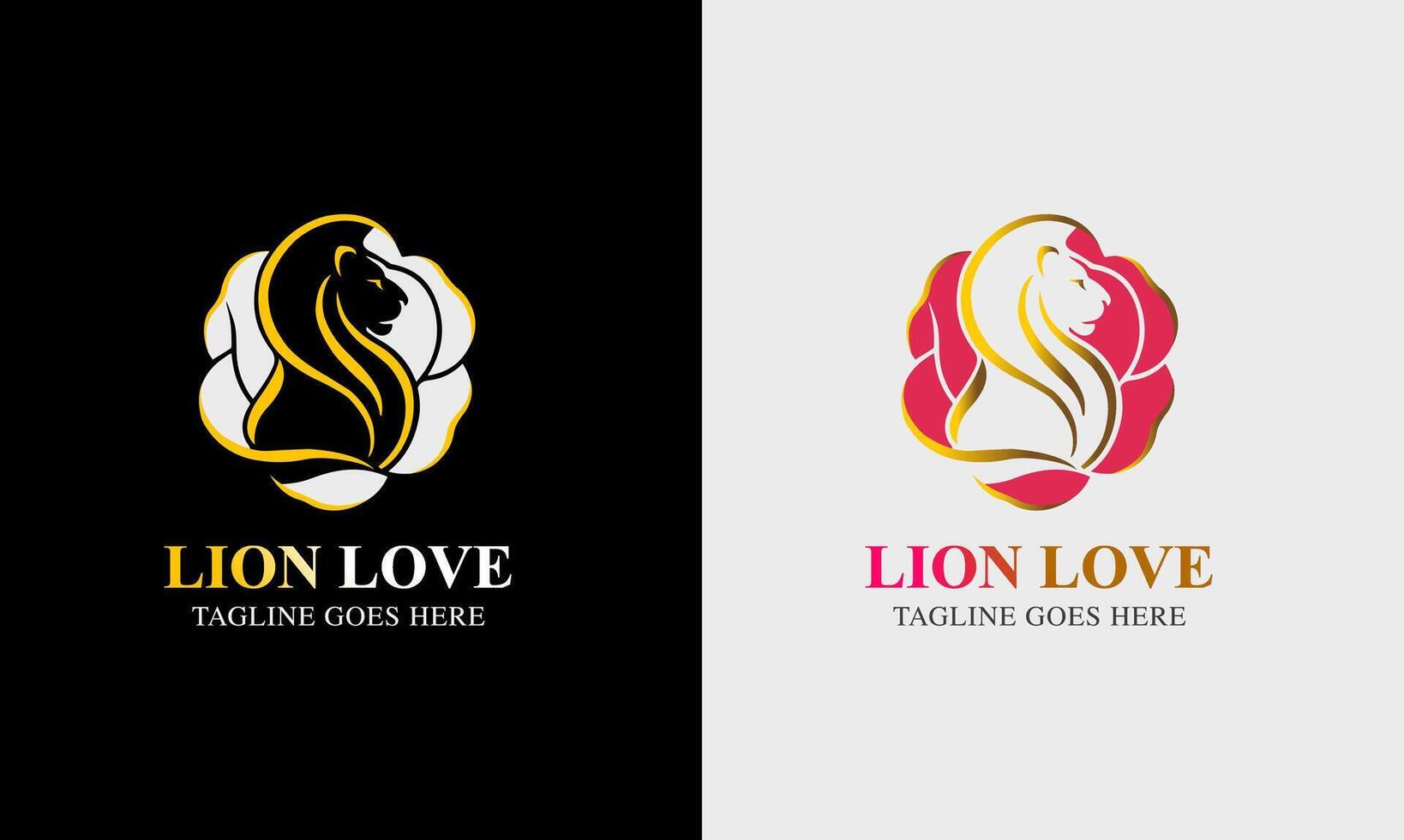 Lion minimalist logo, king lion symbol in red black, yellow color, lion face with fire icon red hart zoo forest vector