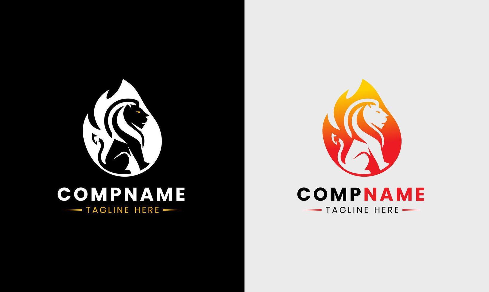 Lion minimalist logo, king lion symbol in red black, yellow color, lion face with fire icon red hart zoo forest vector