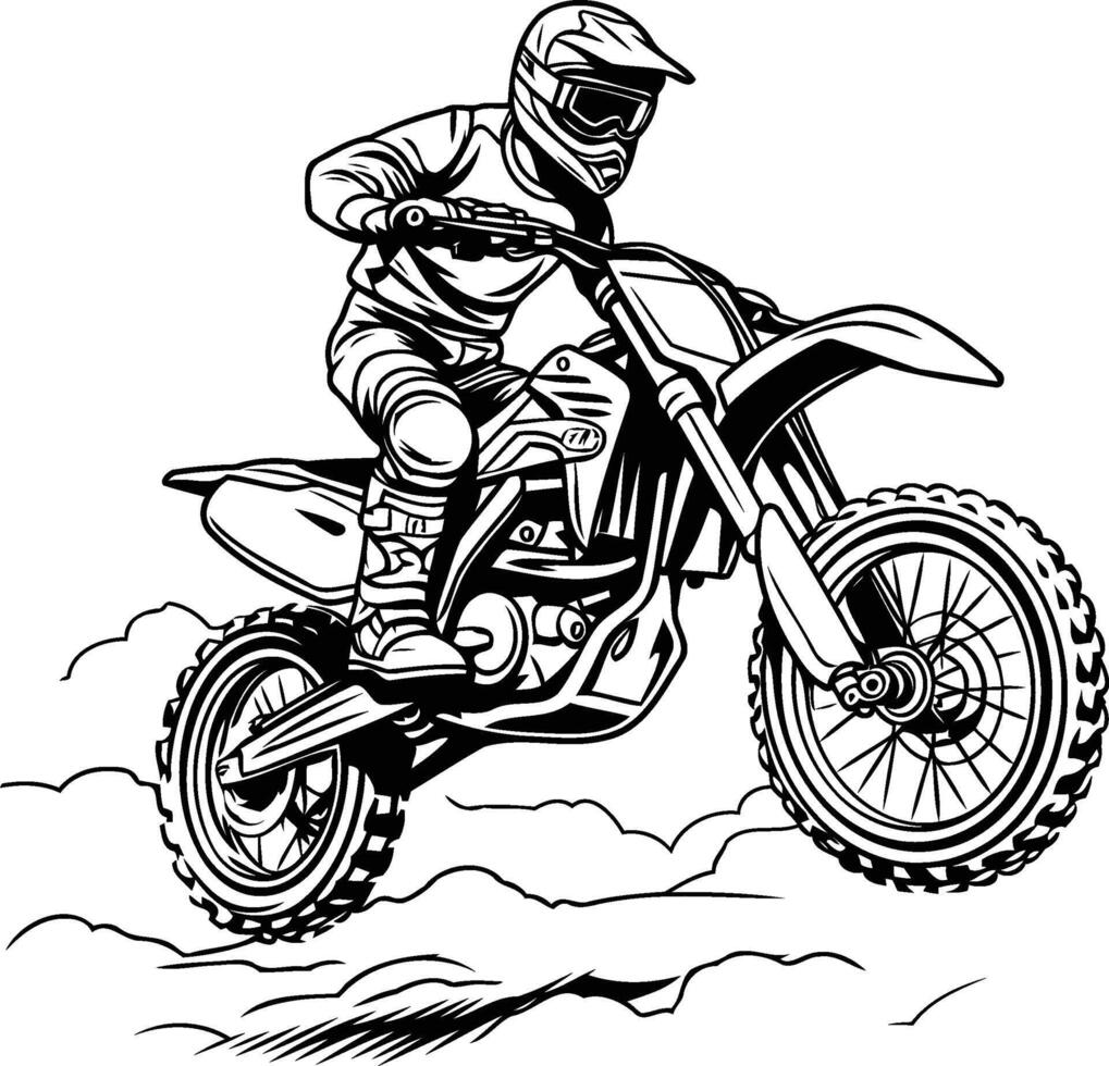 Motocross rider on the road. Monochrome illustration vector