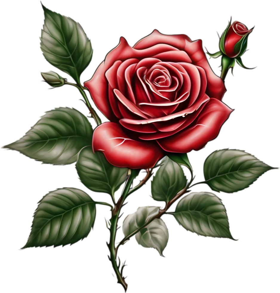 Red rose painting in full bloom, red rose tattoo, Rose illustration for decoration. AI-generated. png