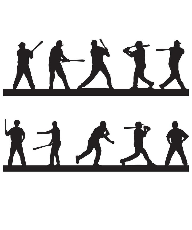 Baseball Players Set - Silhouettes and Color Drawing vector