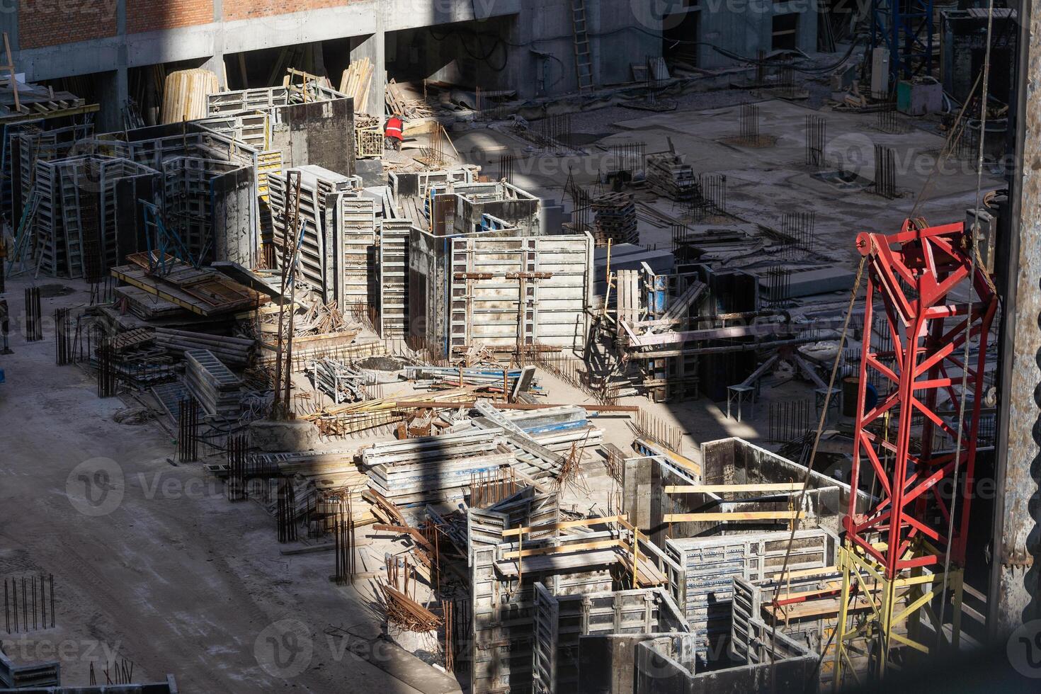 Aerial view of construction site, construction of new building in residential area. photo