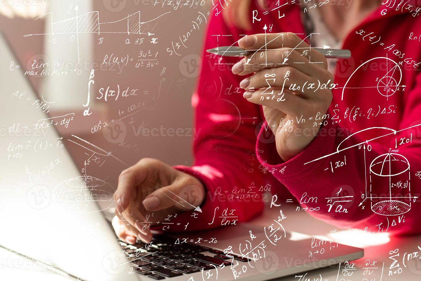 Woman typing on laptop at office workplace in background. Concept of working process, internet surfing, online business education. Student send e-mail. Close up view. Hands Shot. photo
