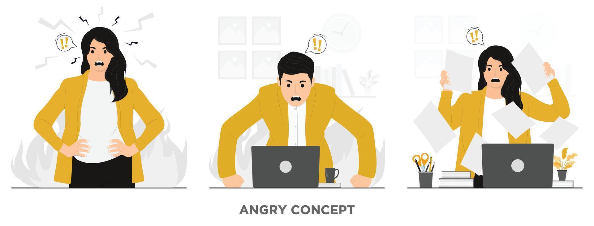 Flat people angry screaming stressed work mad concept illustration vector