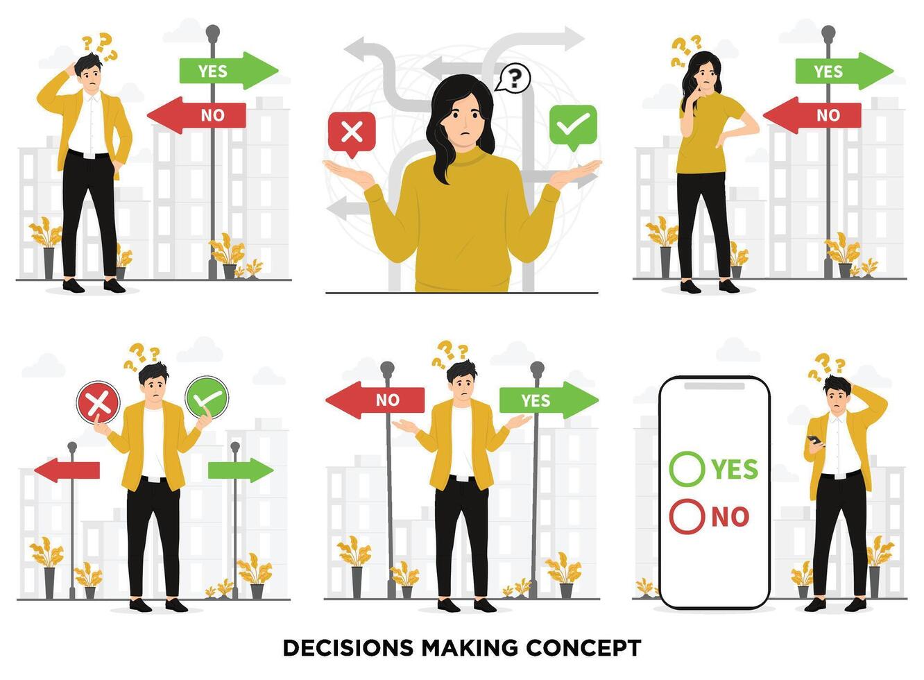 Flat people confused in making decisions concept illustration vector