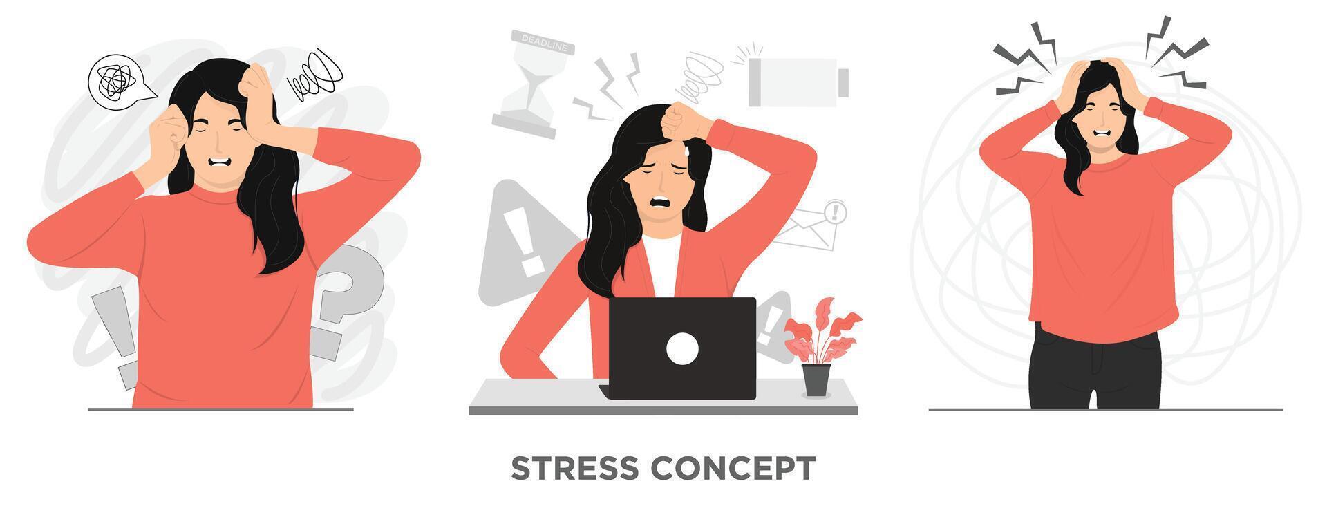 Flat woman stress working headache concept illustration vector