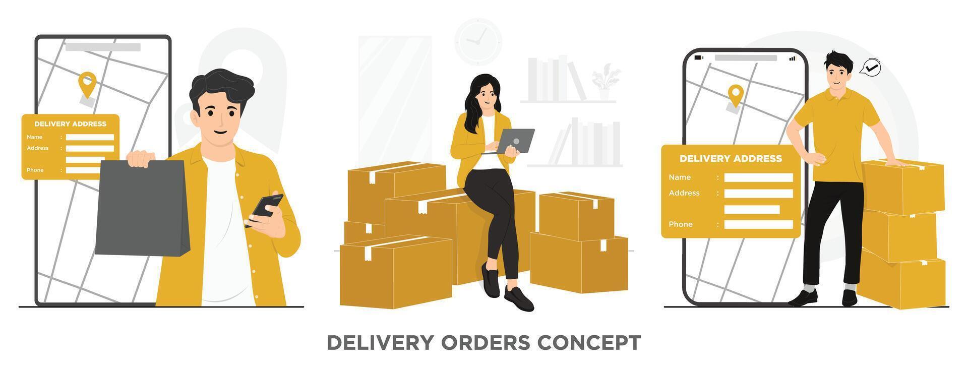 Flat shipping box and taking order delivery packages delivery courier concept illustration vector