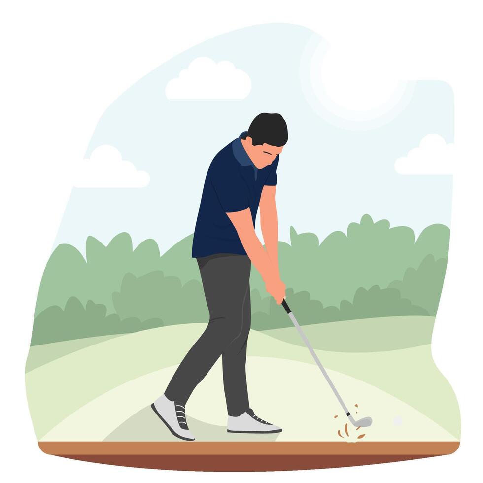 Flat athlete man playing golf in golf course vector