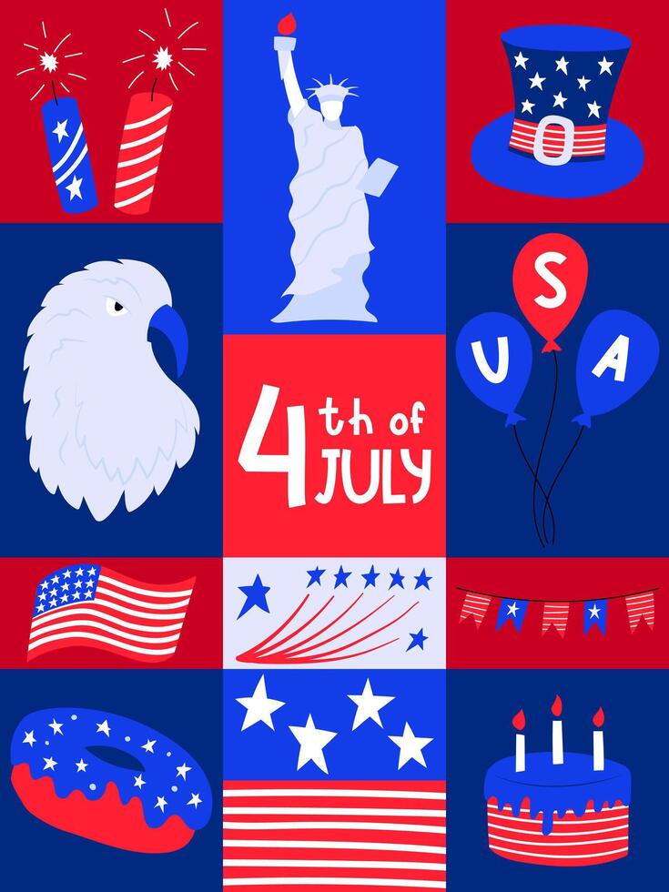 Poster with national symblos of USA independence day. Greeting card for 4th of July. Eagle, flag, donut, hat. Patriotic elements in rectangular shapes. Flat cartoon style. Bright illustration. vector