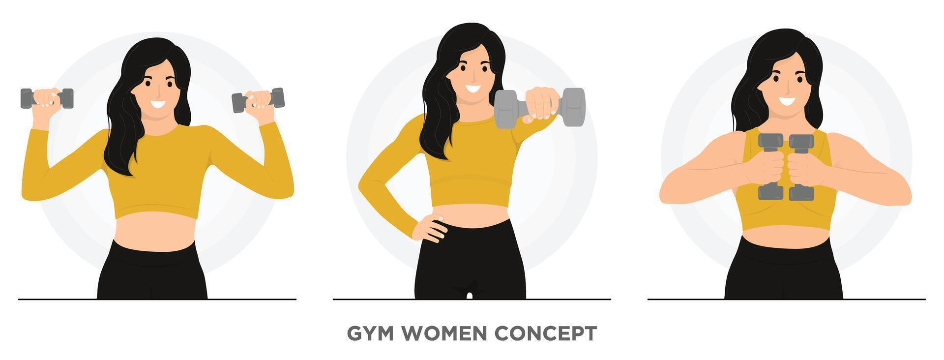 Flat women doing exercises with dumbbells exercise workout fitness aerobic concept illustration vector
