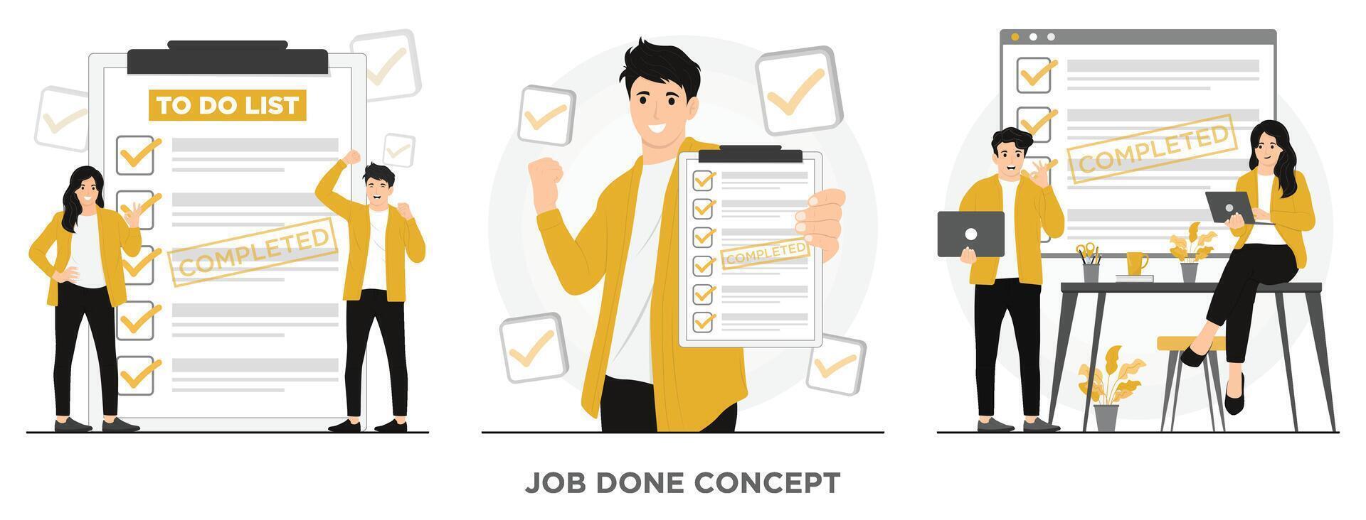 Flat job done completed tasks concept illustration vector