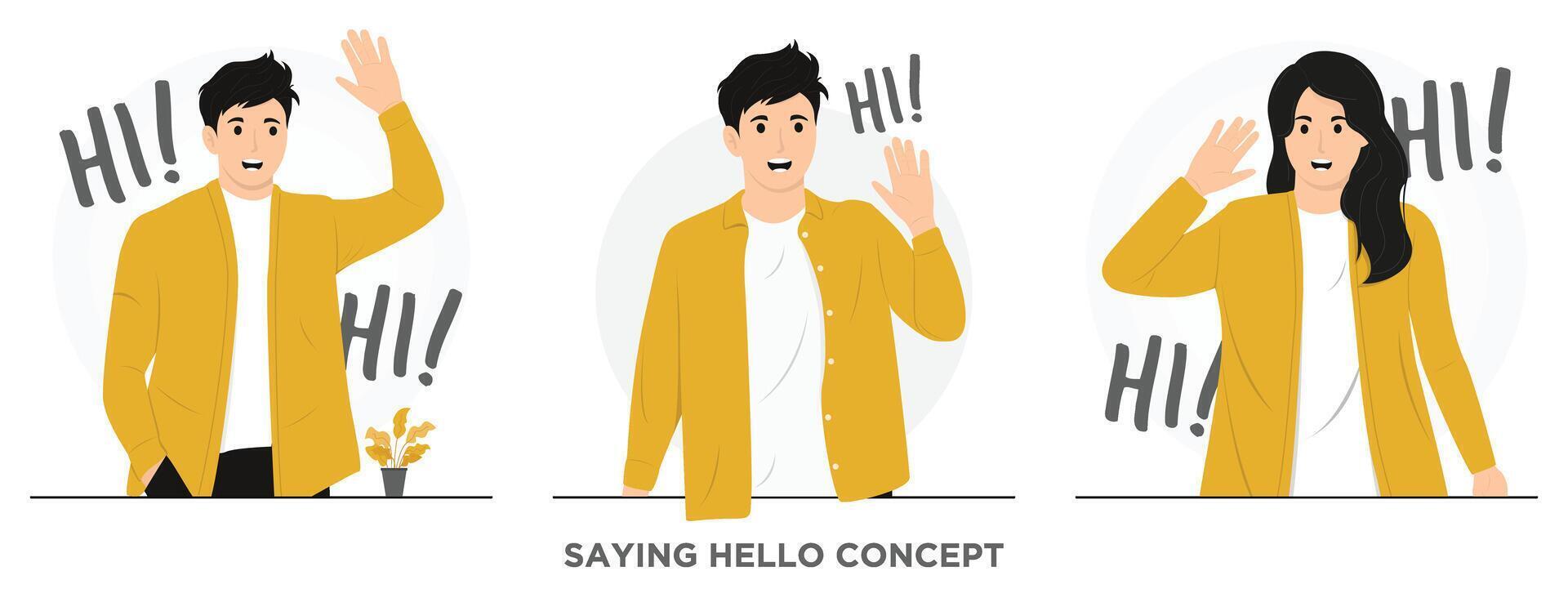Flat friendly smiling man waving hand saying hello hi hola concept illustration vector