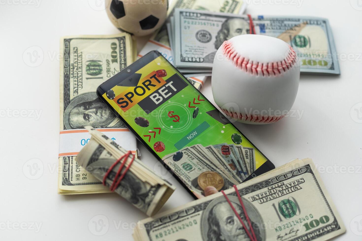 tablet pc with app for sport bets, on top of stacks of banknotes, white background, concept of online bets 3d render photo
