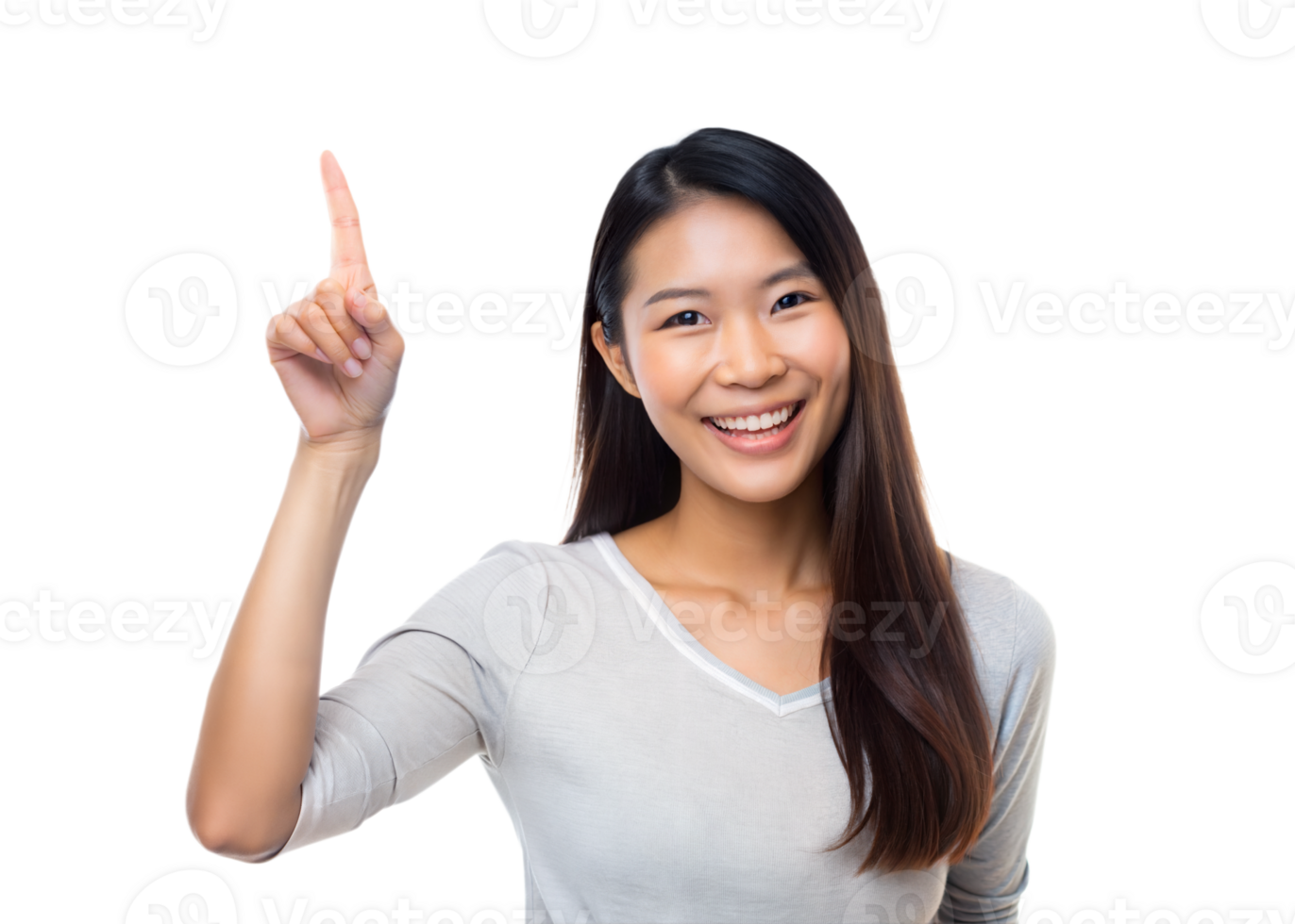 A woman with long hair smiles and points upwards with one finger, standing against a plain transparent background png