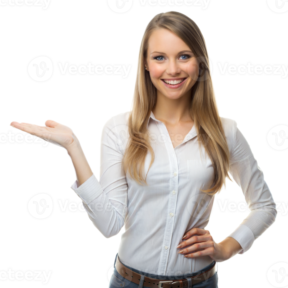 A woman in a white shirt is smiling and pointing with her hand against a transparent background png