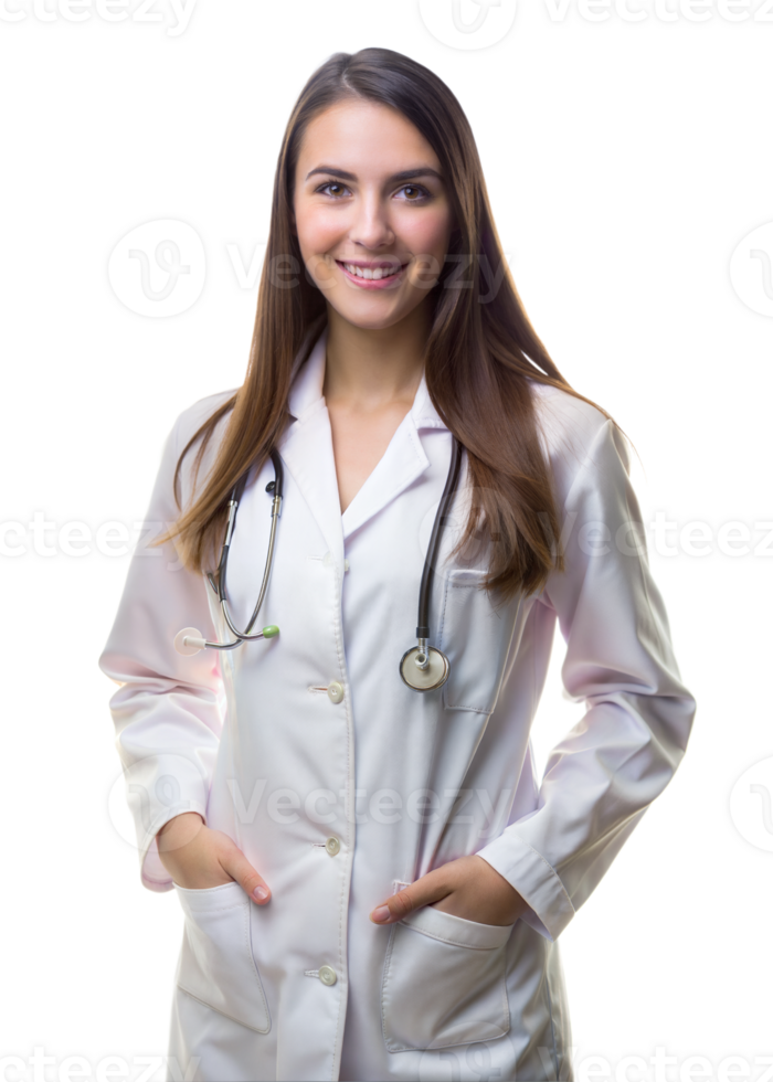 Smiling female doctor in a white coat with a stethoscope, hands in pockets, standing against a transparent background png