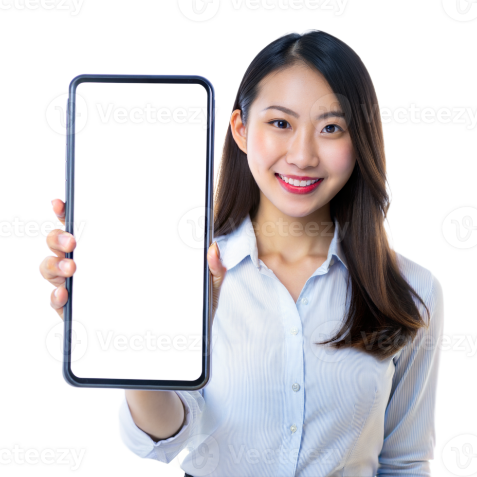 A woman smiles while presenting a large smartphone with a blank screen against a transparent background png