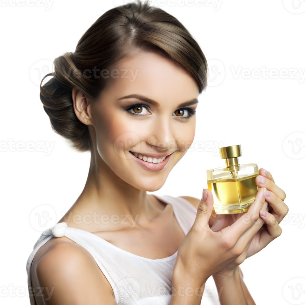 Smiling woman in a white dress holds a perfume bottle against a transparent background png