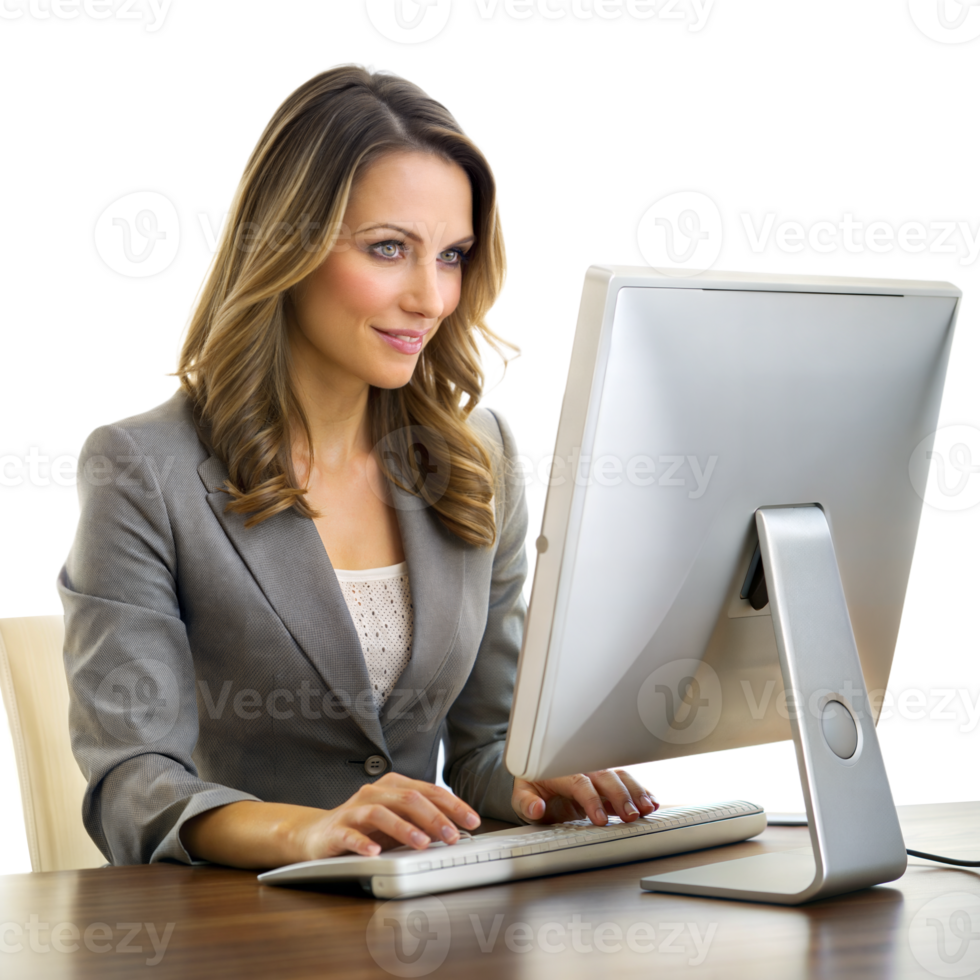 A professional woman in a grey blazer focuses on her work while using a desktop computer at her office desk png