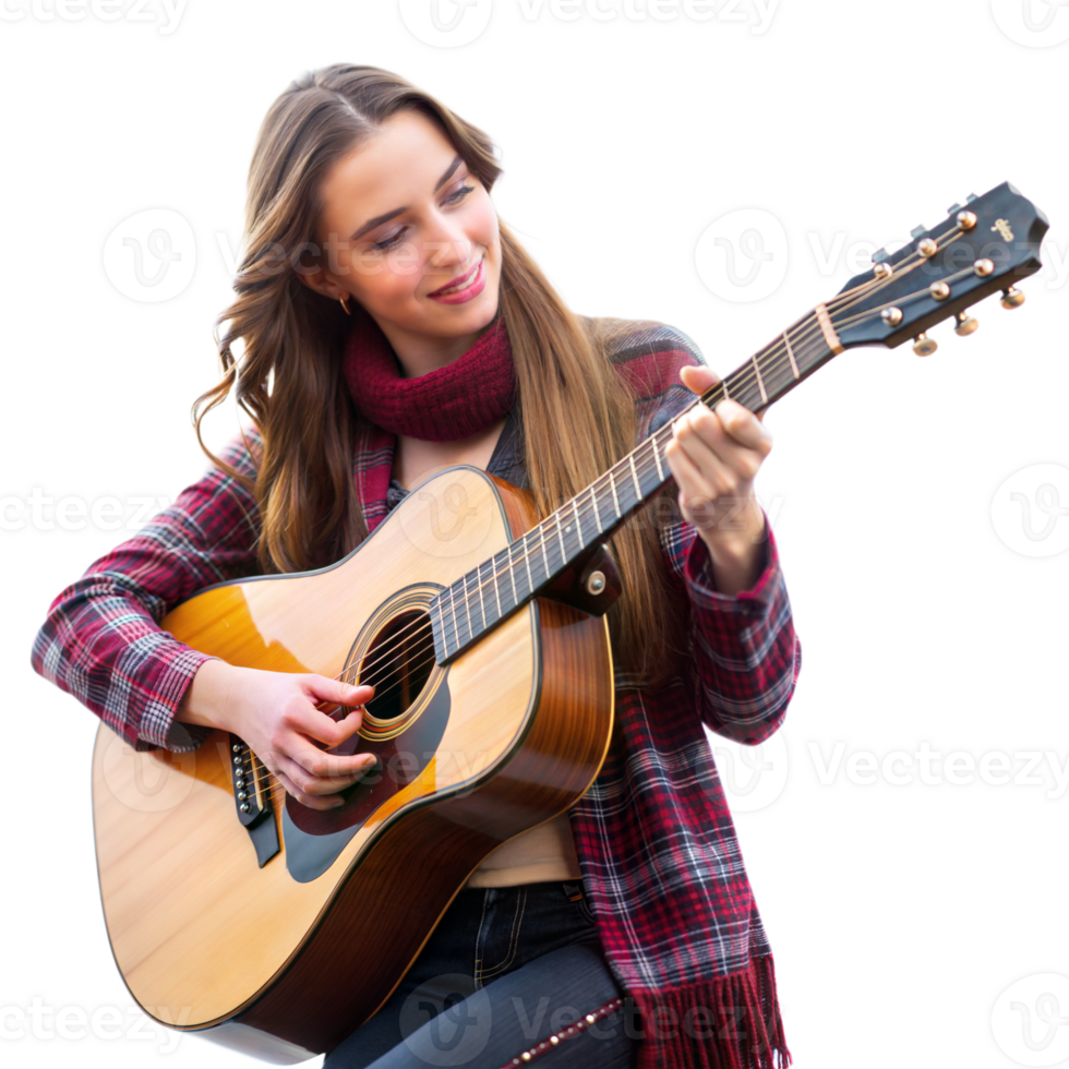 un' giovane donna gode giocando il acustico chitarra su un' luminosa inverno giorno, vestito nel un' plaid camicia e sciarpa png